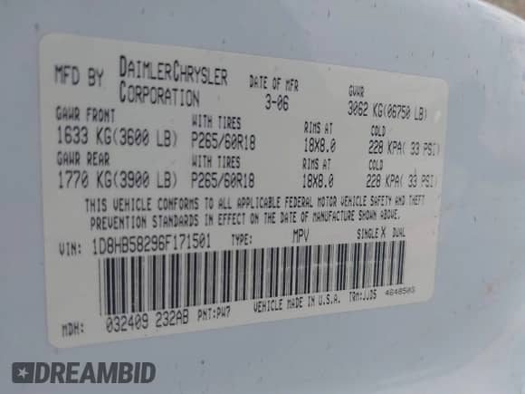 2006 Dodge Durango Limited with VIN 1D8HB58296F171501, listed as a IAAI auction lot 42507377 with 210,735 mi miles and . Bid and sale history available at DreamBid. Image 9.