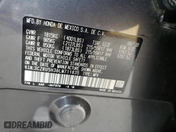 2020 Honda HR-V LX z VIN 3CZRU5H36LM711835, wystawiony jako Copart lot #69171425 z przebiegiem 53 119 mil mil oraz Szkoda całkowita • Salvage title. Historia ofert i sprzedaży dostępna na DreamBid. Obrazek 12.