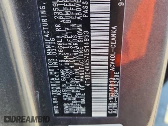 2007 Toyota Camry CE z VIN 4T1BE46K57U514953, wystawiony jako Copart lot #70190895 z przebiegiem Nie podano mil oraz Szkoda całkowita • Salvage title. Historia ofert i sprzedaży dostępna na DreamBid. Obrazek 13.