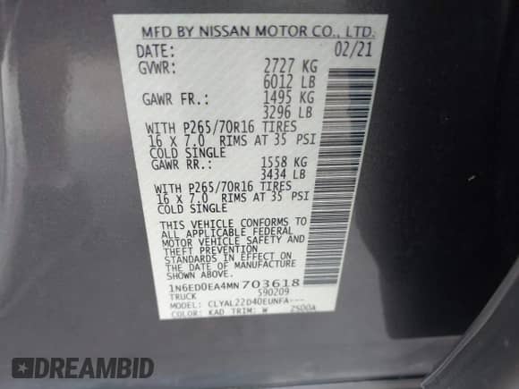 2021 Nissan Frontier SV with VIN 1N6ED0EA4MN703618, listed as a IAAI auction lot 42930673 with 71,638 mi miles and . Bid and sale history available at DreamBid. Image 9.