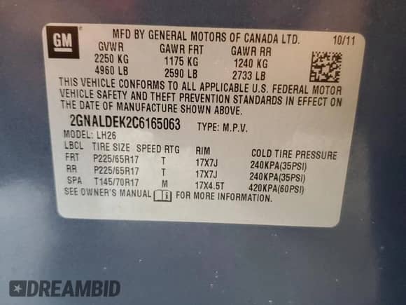2012 Chevrolet Equinox 1LT with VIN 2GNALDEK2C6165063, listed as a Copart auction lot 61738205 with 182,565 mi miles and Salvage title. Bid and sale history available at DreamBid. Image 13.