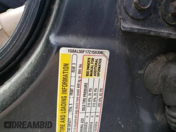 2007 Saturn ION ION 3 with VIN 1G8AL55F17Z159308, listed as a Copart auction lot 65251175 with Not provided miles and Salvage title. Bid and sale history available at DreamBid. Image 12.
