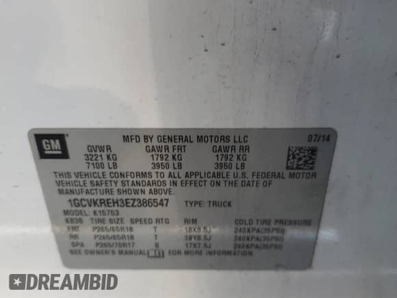 2014 Chevrolet Silverado 1500 LT z VIN 1GCVKREH3EZ386547, wystawiony jako Copart lot #82660535 z przebiegiem 93 826 mil mil oraz Czysty tytuł • Clean title. Historia ofert i sprzedaży dostępna na DreamBid. Obrazek 13.