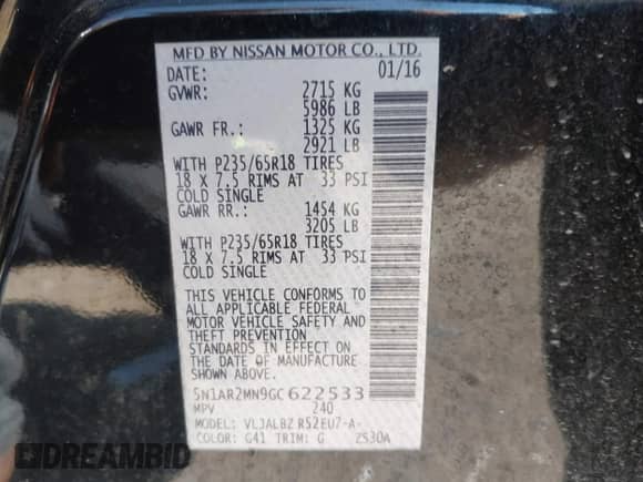 2016 Nissan Pathfinder S z VIN 5N1AR2MN9GC622533, wystawiony jako IAAI lot #42235750 z przebiegiem 170 476 mil mil oraz . Historia ofert i sprzedaży dostępna na DreamBid. Obrazek 9.