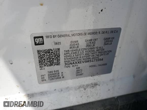 2021 Chevrolet Equinox Premier с VIN 3GNAXXEV5MS173354, выставлен на аукционе Copart как лот 64654065 с пробегом Не указан миль и Списание • Salvage title. История ставок и продаж доступна на DreamBid. Изображение 12.