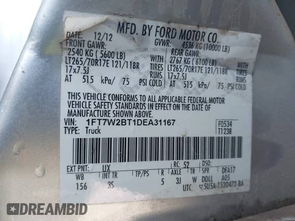 2013 Ford F-250 XL with VIN 1FT7W2BT1DEA31167, listed as a IAAI auction lot 43048680 with 208,065 mi miles and . Bid and sale history available at DreamBid. Image 9.