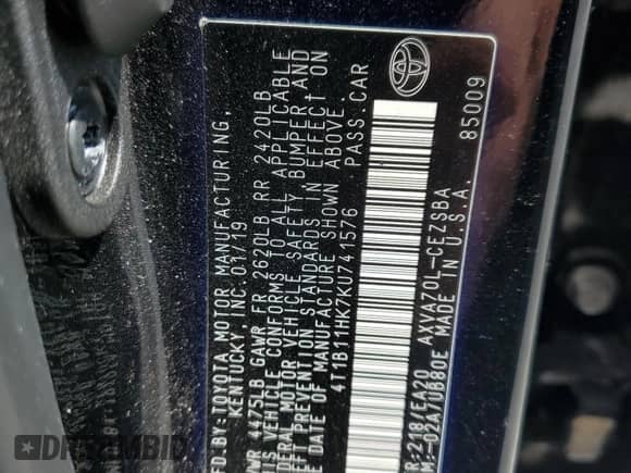 2019 Toyota Camry LE с VIN 4T1B11HK7KU741576, выставлен на аукционе Copart как лот 71667015 с пробегом 101 333 миль миль и Списание • Salvage title. История ставок и продаж доступна на DreamBid. Изображение 13.