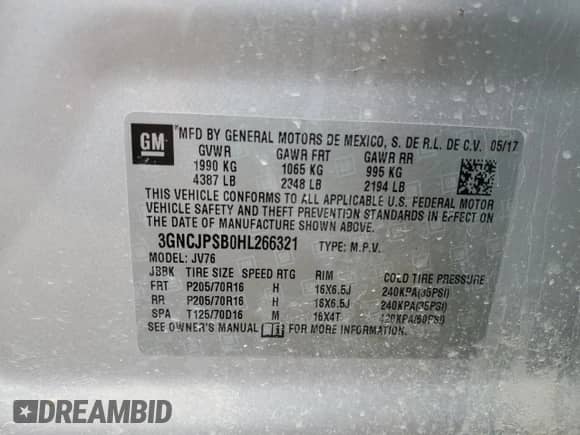 2017 Chevrolet Trax LT с VIN 3GNCJPSB0HL266321, выставлен на аукционе Copart как лот 58793145 с пробегом 88 260 миль миль и Чистый • Clean title. История ставок и продаж доступна на DreamBid. Изображение 13.