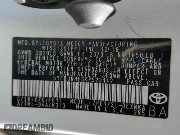 2019 Toyota Corolla L с VIN 5YFBURHE6KP923142, выставлен на аукционе Copart как лот 81446285 с пробегом 122 057 миль миль и Списание • Salvage title. История ставок и продаж доступна на DreamBid. Изображение 13.