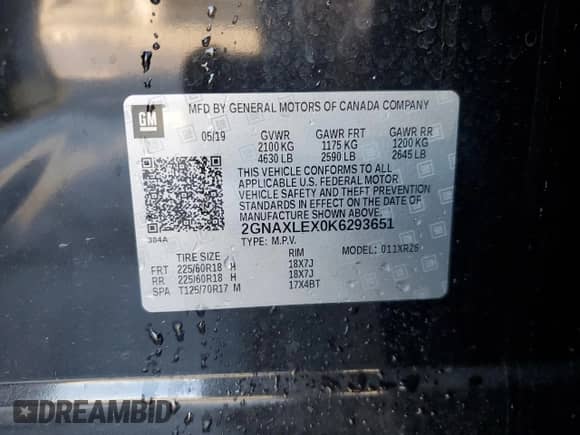 2019 Chevrolet Equinox LT с VIN 2GNAXLEX0K6293651, выставлен на аукционе Copart как лот 71795745 с пробегом 62 493 миль миль и Списание • Salvage title. История ставок и продаж доступна на DreamBid. Изображение 13.