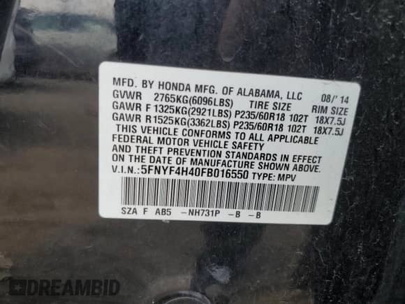 2015 Honda Pilot EX with VIN 5FNYF4H40FB016550, listed as a Copart auction lot 67275915 with 276,424 mi miles and Salvage title. Bid and sale history available at DreamBid. Image 14.
