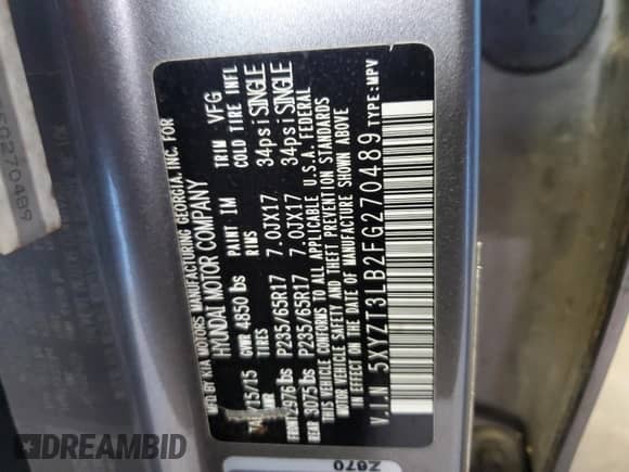 2015 Hyundai Santa Fe с VIN 5XYZT3LB2FG270489, выставлен на аукционе Copart как лот 81006145 с пробегом 70 904 миль миль и Списание • Salvage title. История ставок и продаж доступна на DreamBid. Изображение 13.
