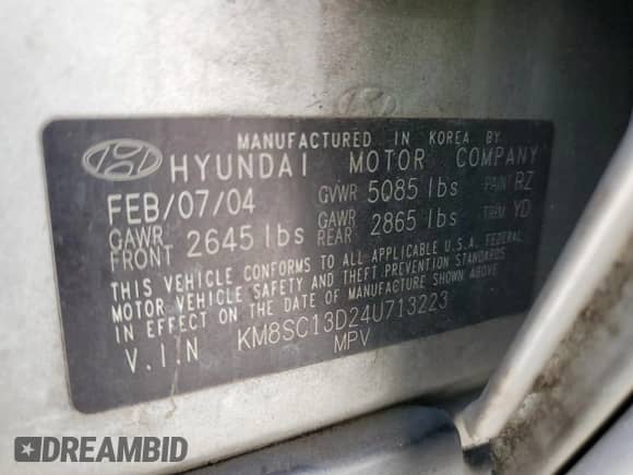 2004 Hyundai Santa Fe GLS с VIN KM8SC13D24U713223, выставлен на аукционе Copart как лот 41697125 с пробегом 168 765 миль миль и Списание • Salvage title. История ставок и продаж доступна на DreamBid. Изображение 13.