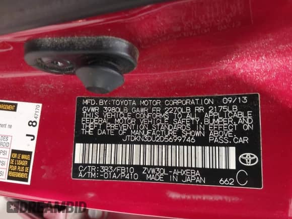 2013 Toyota Prius Three z VIN JTDKN3DU2D5699746, wystawiony jako IAAI lot #43279301 z przebiegiem 137 975 mil mil oraz . Historia ofert i sprzedaży dostępna na DreamBid. Obrazek 9.