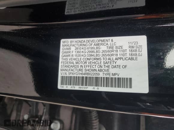 2024 Honda Pilot TrailSport с VIN 5FNYG1H64RB022059, выставлен на аукционе Copart как лот 66980805 с пробегом Не указан миль и Списание • Salvage title. История ставок и продаж доступна на DreamBid. Изображение 13.