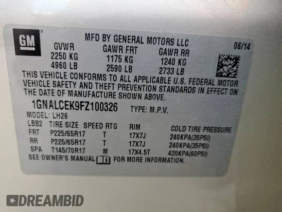 2015 Chevrolet Equinox LT с VIN 1GNALCEK9FZ100326, выставлен на аукционе Copart как лот 68415015 с пробегом 149 997 миль миль и Списание • Salvage title. История ставок и продаж доступна на DreamBid. Изображение 13.