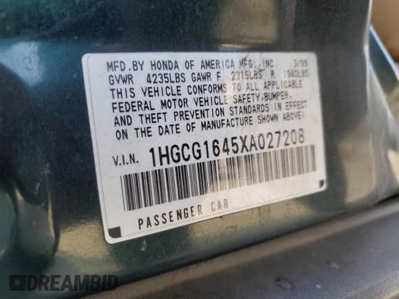 1999 Honda Accord LX z VIN 1HGCG1645XA027208, wystawiony jako Copart lot #64486405 z przebiegiem 60 638 mil mil oraz Szkoda całkowita • Salvage title. Historia ofert i sprzedaży dostępna na DreamBid. Obrazek 13.
