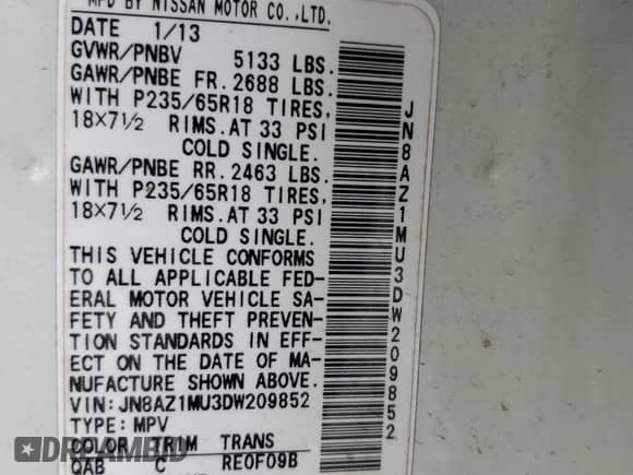 2013 Nissan Murano SL with VIN JN8AZ1MU3DW209852, listed as a Copart auction lot 82254865 with 122,694 mi miles and Salvage title. Bid and sale history available at DreamBid. Image 13.