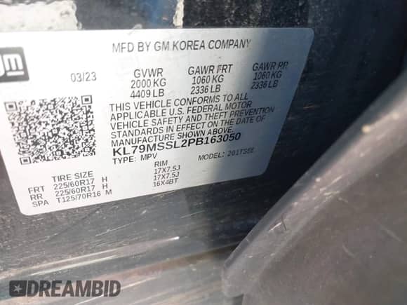 2023 Chevrolet TrailBlazer ACTIV with VIN KL79MSSL2PB163050, listed as a IAAI auction lot 43188774 with 42,703 mi miles and . Bid and sale history available at DreamBid. Image 9.