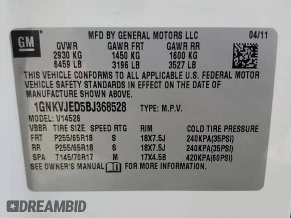 2011 Chevrolet Traverse 2LT с VIN 1GNKVJED5BJ368528, выставлен на аукционе Copart как лот 67079895 с пробегом 118 786 миль миль и Списание • Salvage title. История ставок и продаж доступна на DreamBid. Изображение 13.
