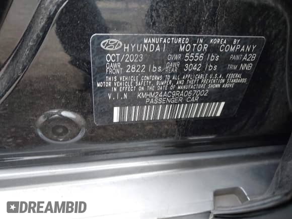 2024 Hyundai Ioniq 6 SE with VIN KMHM24AC9RA067002, listed as a IAAI auction lot 43215683 with 16,310 mi miles and . Bid and sale history available at DreamBid. Image 9.