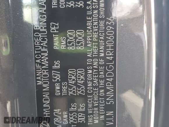2024 Hyundai Santa Fe Limited with VIN 5NMP4DGL4RH060936, listed as a Copart auction lot 64256285 with 1,237 mi miles and Salvage title. Bid and sale history available at DreamBid. Image 14.