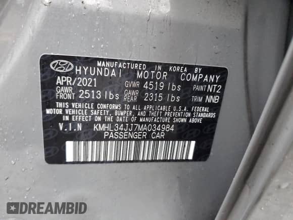 2021 Hyundai Sonata SEL с VIN KMHL34JJ7MA034984, выставлен на аукционе Copart как лот 81724535 с пробегом 52 127 миль миль и Списание • Salvage title. История ставок и продаж доступна на DreamBid. Изображение 13.
