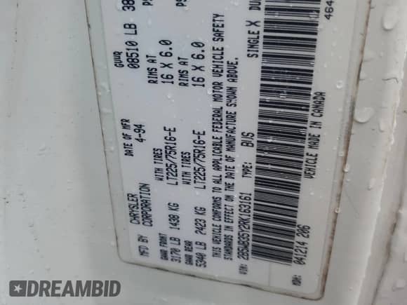 1994 Dodge Passenger with VIN 2B5WB35Y2RK163161, listed as a Copart auction lot 81802175 with 67,407 mi miles and Salvage title. Bid and sale history available at DreamBid. Image 13.