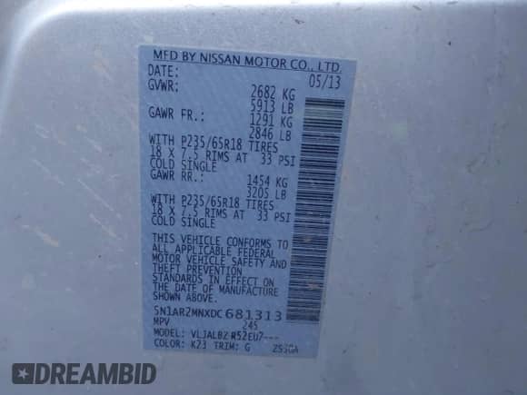 2013 Nissan Pathfinder Platinum with VIN 5N1AR2MNXDC681313, listed as a IAAI auction lot 43422855 with 219,605 mi miles and . Bid and sale history available at DreamBid. Image 9.