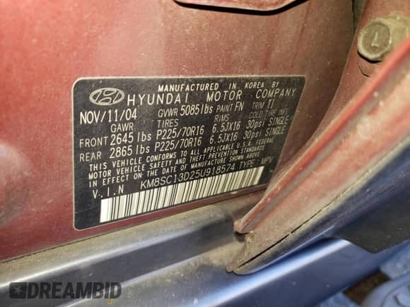 2005 Hyundai Santa Fe GLS с VIN KM8SC13D25U918574, выставлен на аукционе Copart как лот 84602734 с пробегом 263 777 миль миль и Списание • Salvage title. История ставок и продаж доступна на DreamBid. Изображение 13.