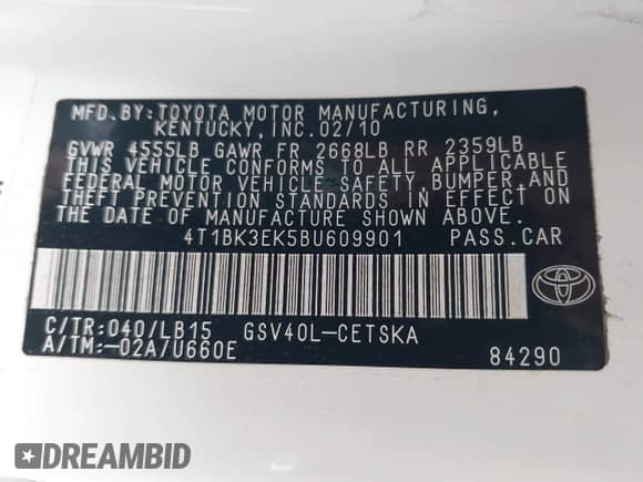 2011 Toyota Camry XLE with VIN 4T1BK3EK5BU609901, listed as a IAAI auction lot 43450106 with 208,455 mi miles and . Bid and sale history available at DreamBid. Image 9.