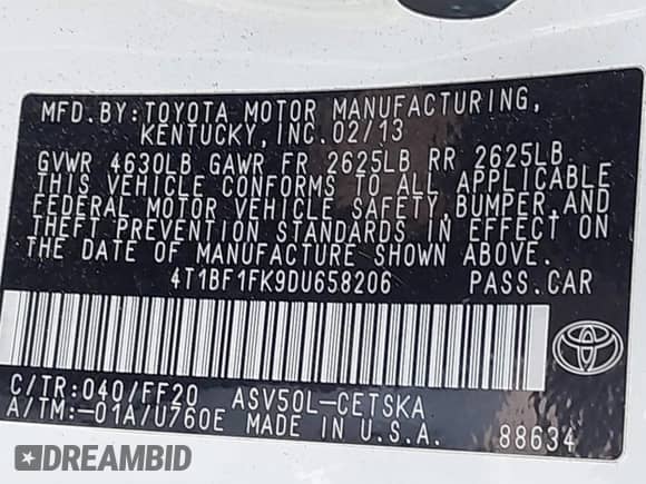 2013 Toyota Camry L with VIN 4T1BF1FK9DU658206, listed as a IAAI auction lot 43288530 with 137,296 mi miles and . Bid and sale history available at DreamBid. Image 9.