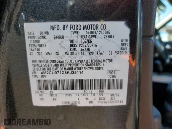 2008 Mercury Mariner Premier with VIN 4M2CU971X8KJ35114, listed as a Copart auction lot 70386905 with 148,184 mi miles and Salvage title. Bid and sale history available at DreamBid. Image 13.