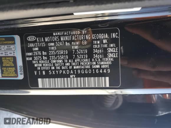 2016 Kia Sorento SXL с VIN 5XYPKDA19GG016449, выставлен на аукционе Copart как лот 56943845 с пробегом 72 350 миль миль и Списание • Salvage title. История ставок и продаж доступна на DreamBid. Изображение 14.