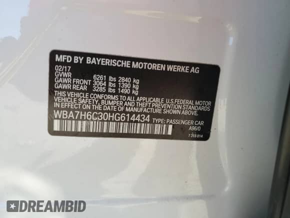 2017 BMW 7 Series with VIN WBA7H6C30HG614434, listed as a Copart auction lot 79236714 with Not provided miles and Clean title. Bid and sale history available at DreamBid. Image 12.