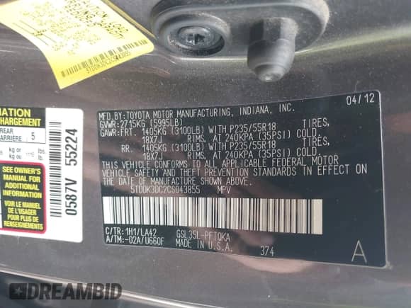 2012 Toyota Sienna XLE with VIN 5TDDK3DC2CS043855, listed as a IAAI auction lot 42189680 with 195,788 mi miles and . Bid and sale history available at DreamBid. Image 9.