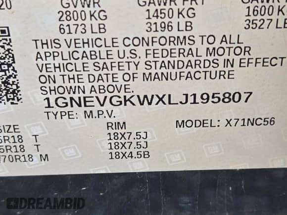 2020 Chevrolet Traverse LT Cloth z VIN 1GNEVGKWXLJ195807, wystawiony jako IAAI lot #43536945 z przebiegiem 143 965 mil mil oraz . Historia ofert i sprzedaży dostępna na DreamBid. Obrazek 9.