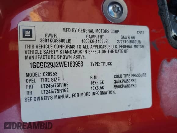 1998 Chevrolet Silverado 2500 с VIN 1GCGC29J2WE163953, выставлен на аукционе Copart как лот 42187515 с пробегом 202 014 миль миль и Списание • Salvage title. История ставок и продаж доступна на DreamBid. Изображение 12.