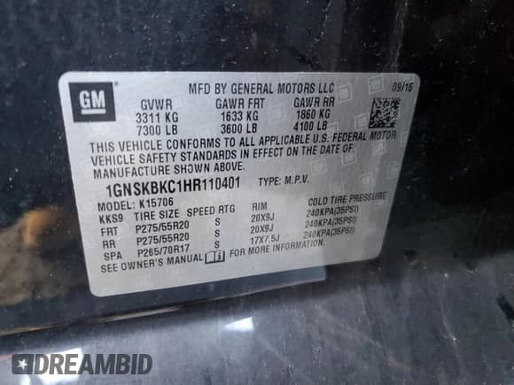 2017 Chevrolet Tahoe LT с VIN 1GNSKBKC1HR110401, выставлен на аукционе Copart как лот 85385115 с пробегом 127 376 миль миль и На запчасти • Non repairable. История ставок и продаж доступна на DreamBid. Изображение 13.