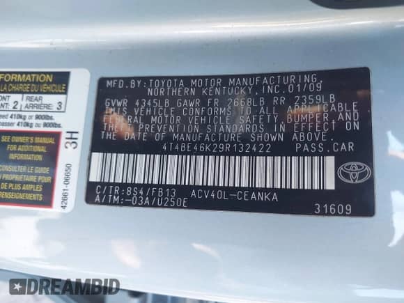 2009 Toyota Camry with VIN 4T4BE46K29R132422, listed as a IAAI auction lot 43428685 with 197,095 mi miles and . Bid and sale history available at DreamBid. Image 9.