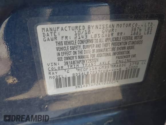 2019 Nissan Sentra S z VIN 3N1AB7AP2KY252024, wystawiony jako IAAI lot #43051277 z przebiegiem 91 265 mil mil oraz . Historia ofert i sprzedaży dostępna na DreamBid. Obrazek 9.