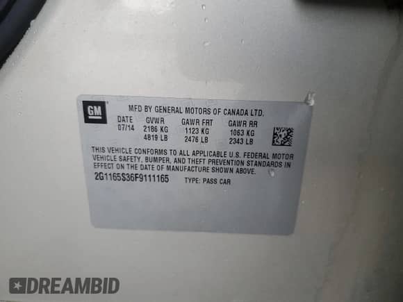 2015 Chevrolet Impala LTZ with VIN 2G1165S36F9111165, listed as a Copart auction lot 50450315 with 214,694 mi miles and Salvage title. Bid and sale history available at DreamBid. Image 13.