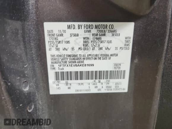 2010 Ford F-150 XL with VIN 1FTFX1EV8AKE81699, listed as a Copart auction lot 85834395 with 235,342 mi miles and Clean title. Bid and sale history available at DreamBid. Image 12.