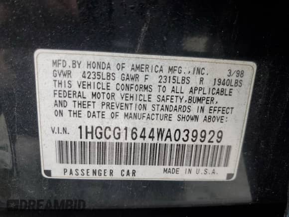 1998 Honda Accord LX z VIN 1HGCG1644WA039929, wystawiony jako Copart lot #86150145 z przebiegiem 276 604 mil mil oraz Czysty tytuł • Clean title. Historia ofert i sprzedaży dostępna na DreamBid. Obrazek 13.