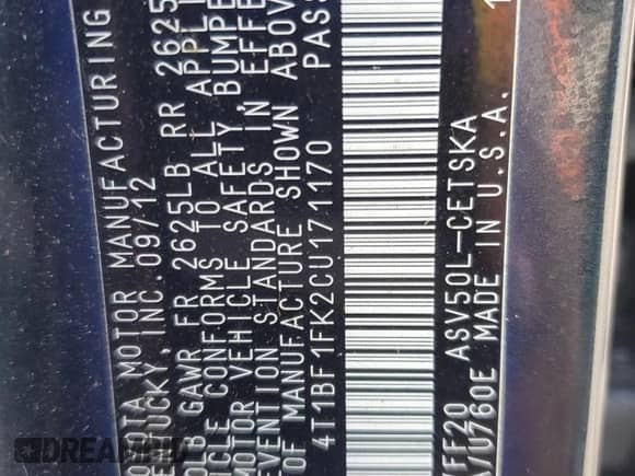 2012 Toyota Camry SE with VIN 4T1BF1FK2CU171170, listed as a Copart auction lot 81325045 with 185,838 mi miles and Salvage title. Bid and sale history available at DreamBid. Image 12.