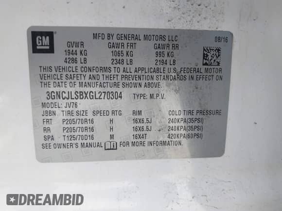 2016 Chevrolet Trax LT with VIN 3GNCJLSBXGL270304, listed as a IAAI auction lot 42851934 with 109,652 mi miles and . Bid and sale history available at DreamBid. Image 9.