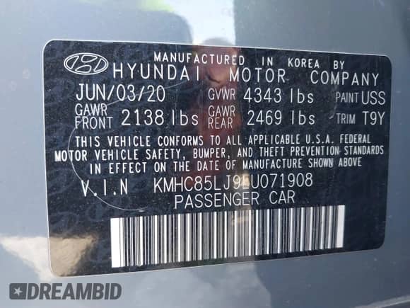 2020 Hyundai Ioniq Limited with VIN KMHC85LJ9LU071908, listed as a IAAI auction lot 41620379 with 63,155 mi miles and . Bid and sale history available at DreamBid. Image 9.