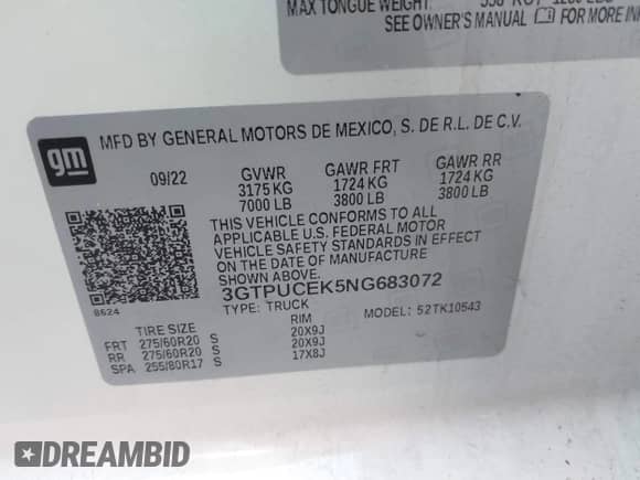 2022 GMC Sierra 1500 Elevation with VIN 3GTPUCEK5NG683072, listed as a IAAI auction lot 41941935 with 80,264 mi miles and . Bid and sale history available at DreamBid. Image 9.