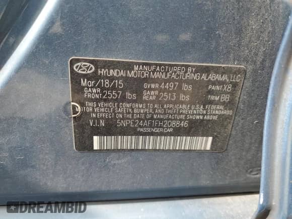 2015 Hyundai Sonata SE с VIN 5NPE24AF1FH208846, выставлен на аукционе Copart как лот 71403595 с пробегом 84 278 миль миль и Списание • Salvage title. История ставок и продаж доступна на DreamBid. Изображение 12.