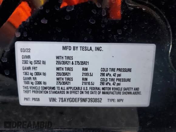 2022 Tesla Model Y Performance with VIN 7SAYGDEF9NF393852, listed as a Copart auction lot 63141094 with 26,972 mi miles and Salvage title. Bid and sale history available at DreamBid. Image 15.